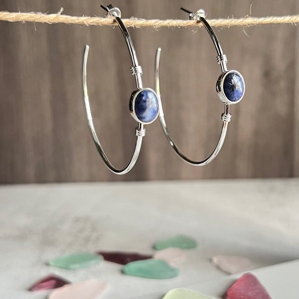 Stampd Silver Hoop Earrings with Blue Stone